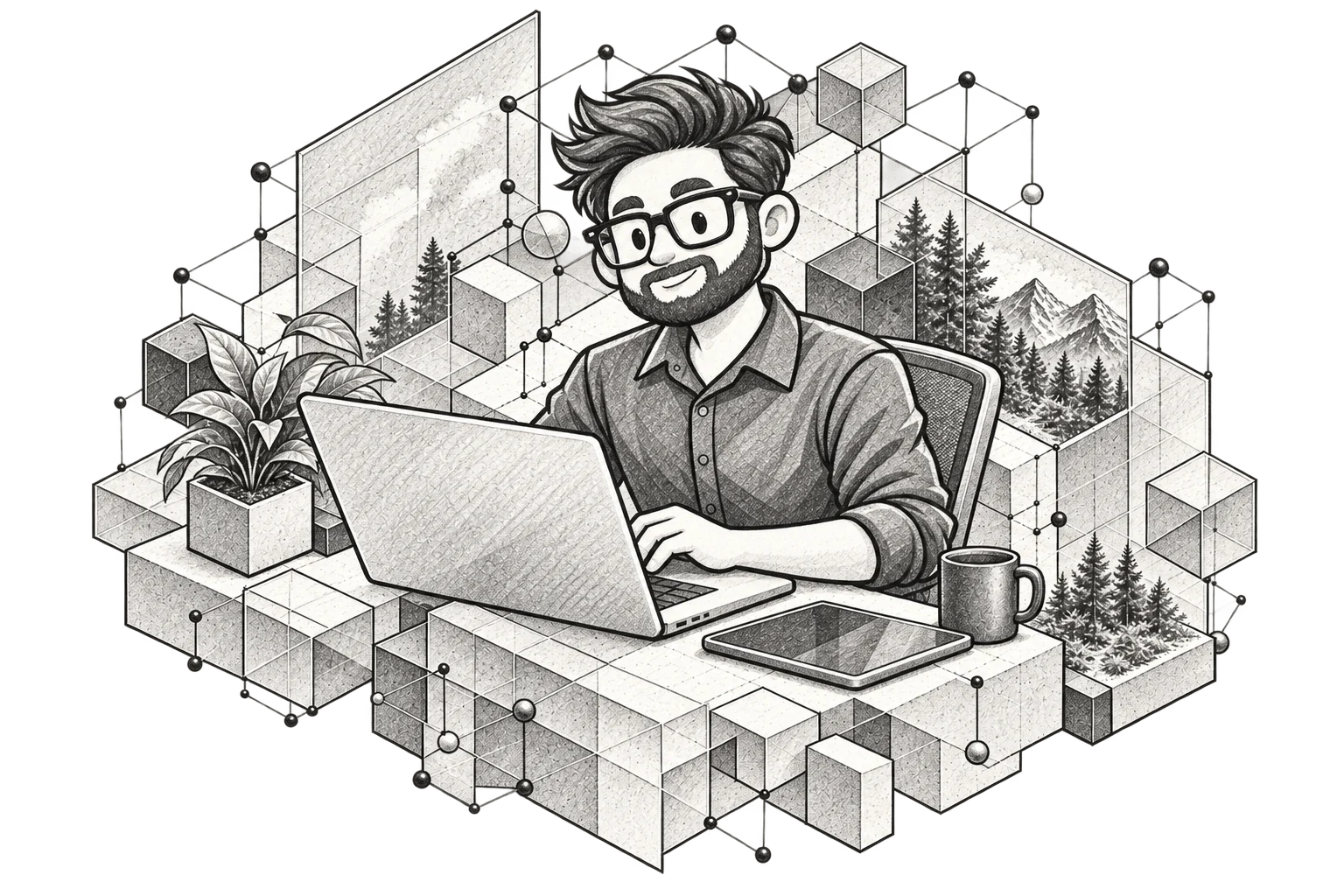 Artistic isometric illustration of a stylised character working on a laptop, with glass panels and network lines, shown in pencil sketch