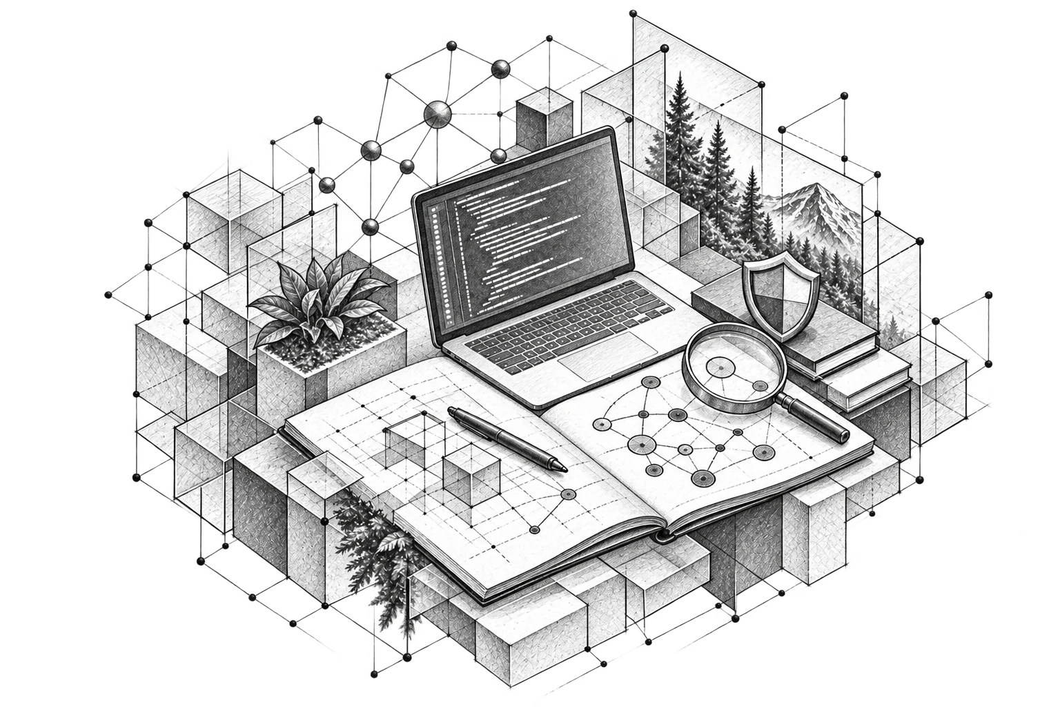 Illustration of a laptop, connected ideas and security research, beginning as a pencil sketch